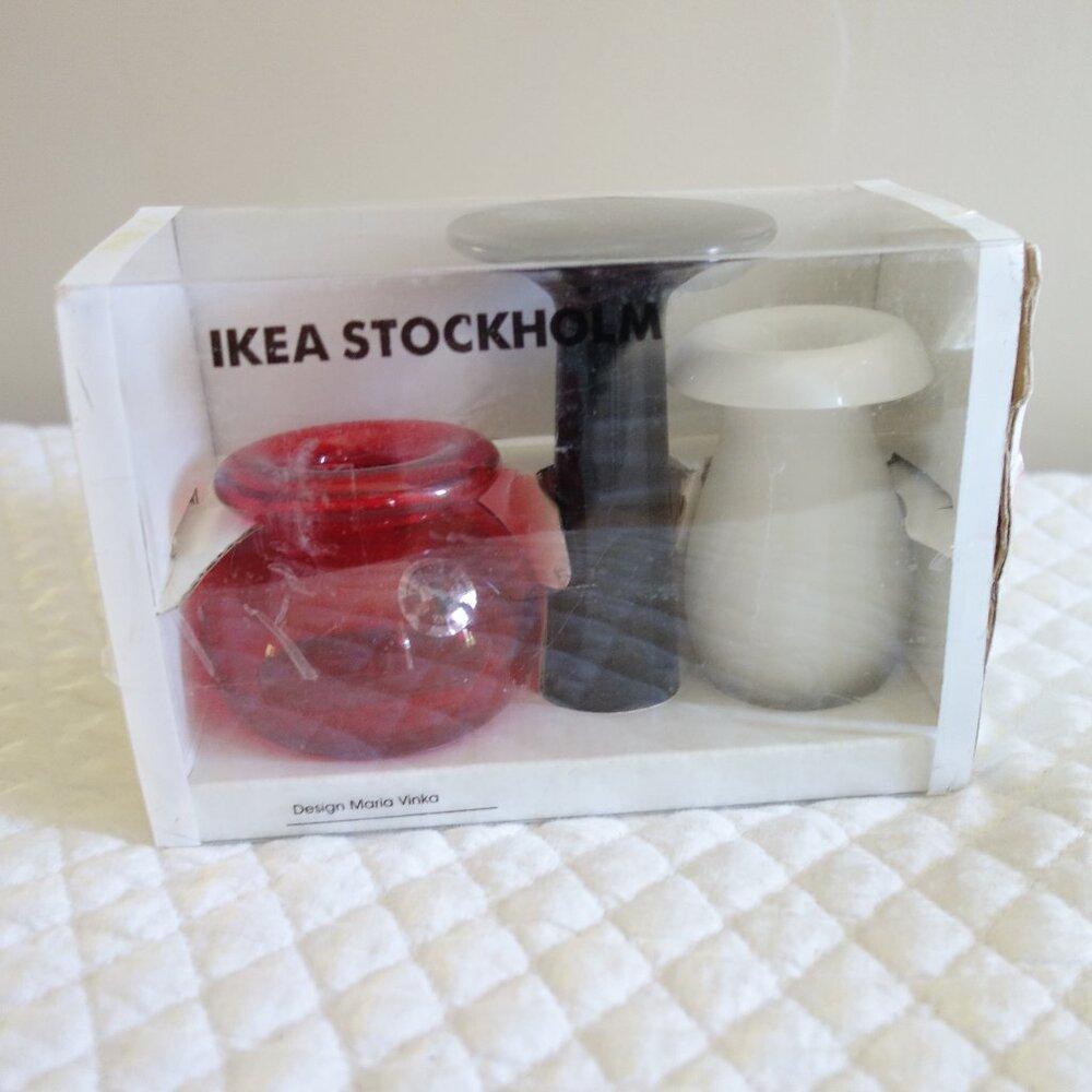 Vtg IKEA Stockholm – Set of 3 Glass Vases in original box – Red, White, Black